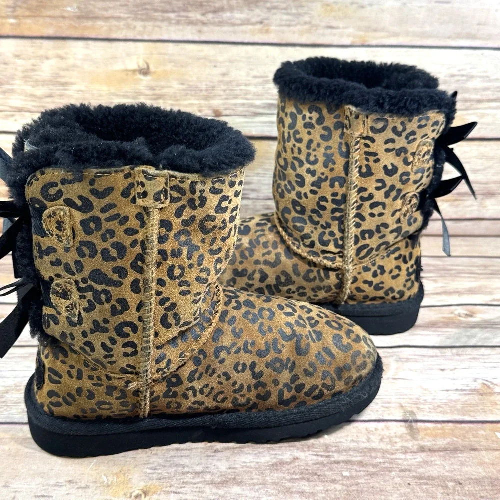 Ugg Girls Brown Black Leopard Print Bailey Bow Boots Size 13